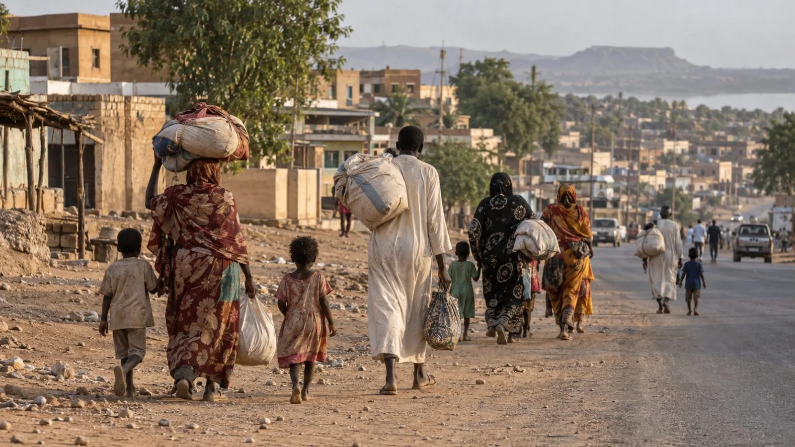 Displaced families walk along a roadside in Damazin, Blue Nile State, Sudan. (AI-generated image / EconoTimes)