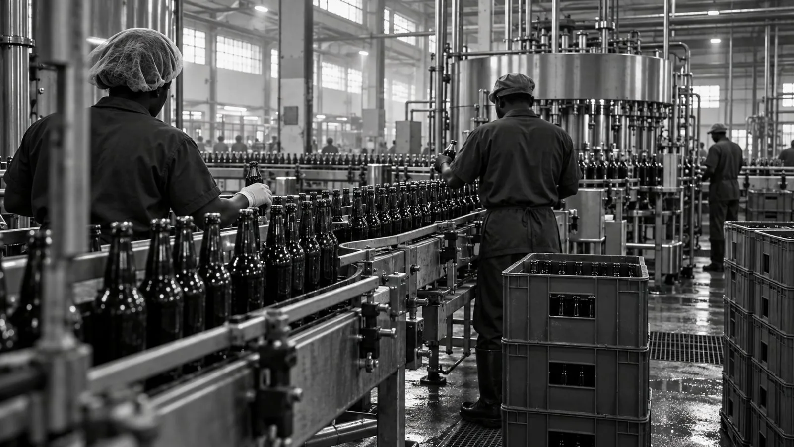 Workers inspect bottles on a production line at a brewery in Lagos, Nigeria (AI-generated image / EconoTimes)