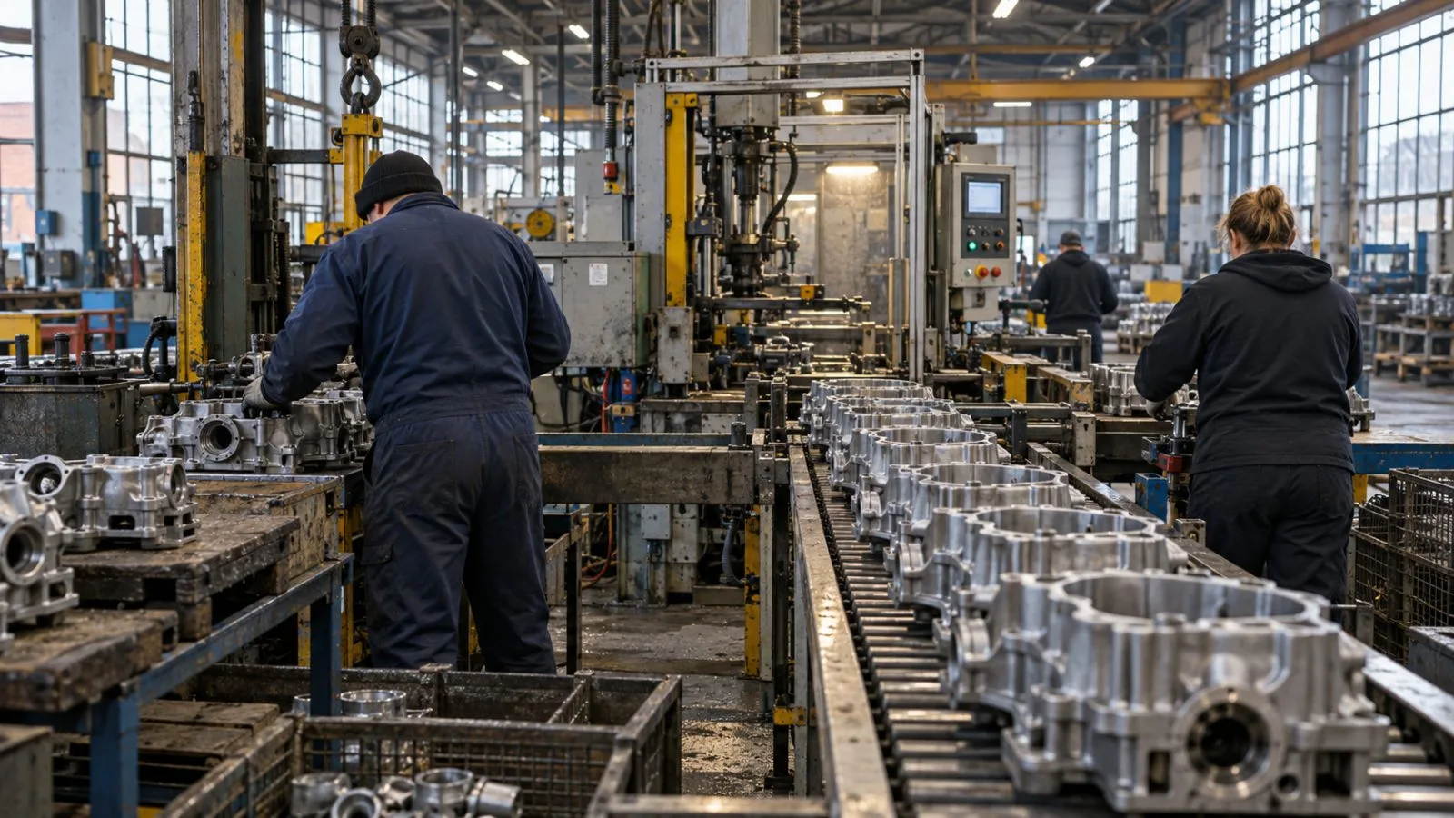 Workers operate a production line inside a factory in Birmingham, England (AI-generated image / EconoTimes)
