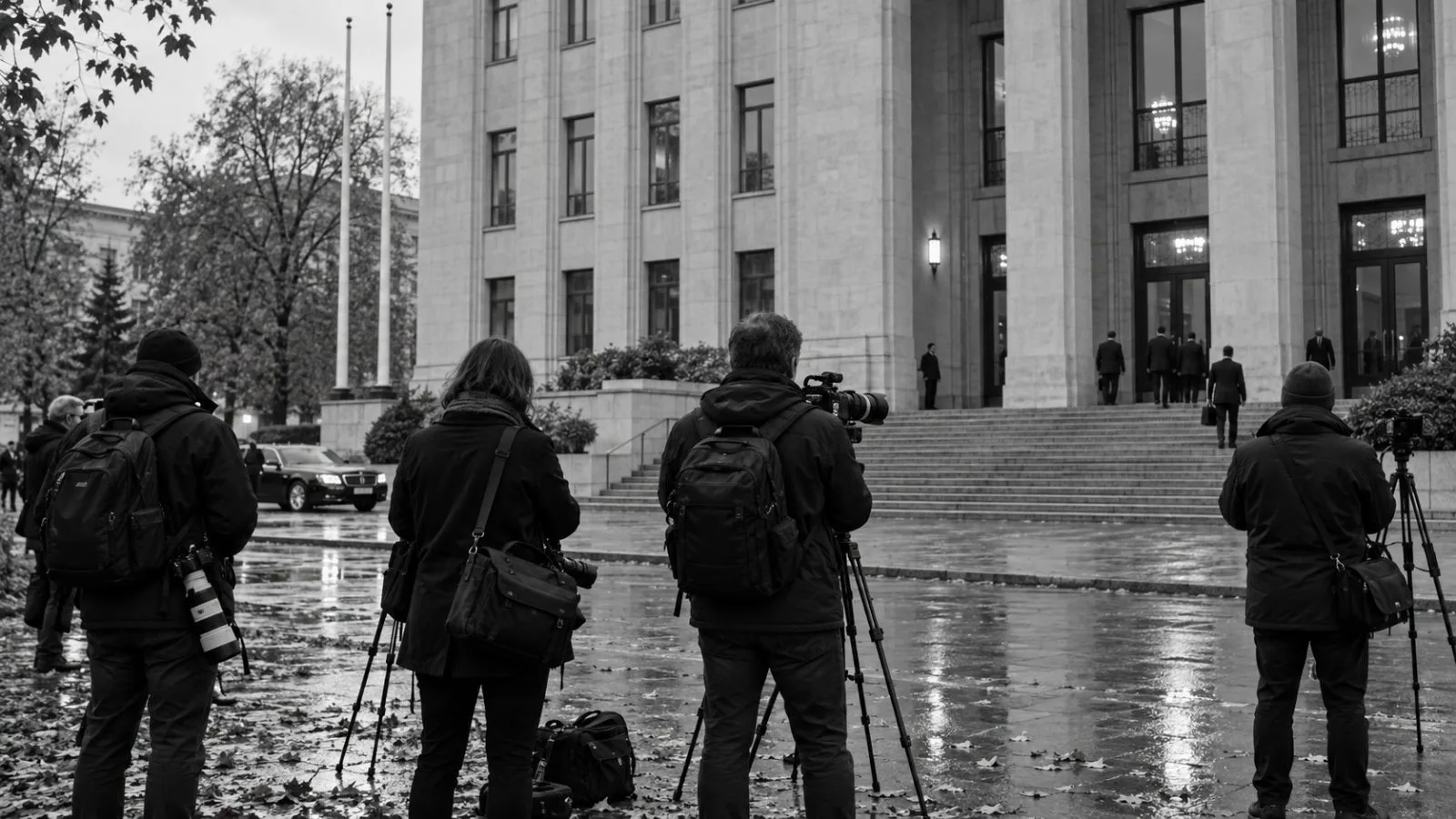 Journalists wait outside Poland’s Foreign Ministry in Warsaw on an overcast morning. (AI-generated image / EconoTimes)