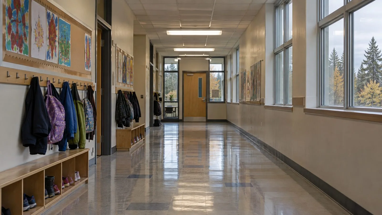 A classroom corridor at Silver Rail Elementary School in Bend, Oregon, after the Oct. 15 shooting. (AI-generated image / EconoTimes)