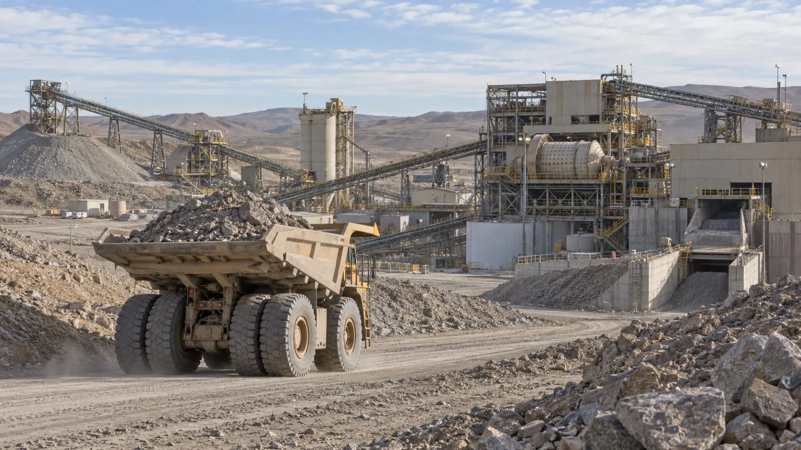 An ore truck approaches the Martinetas mill near Tres Cerros, Argentina. (AI-generated image / EconoTimes)