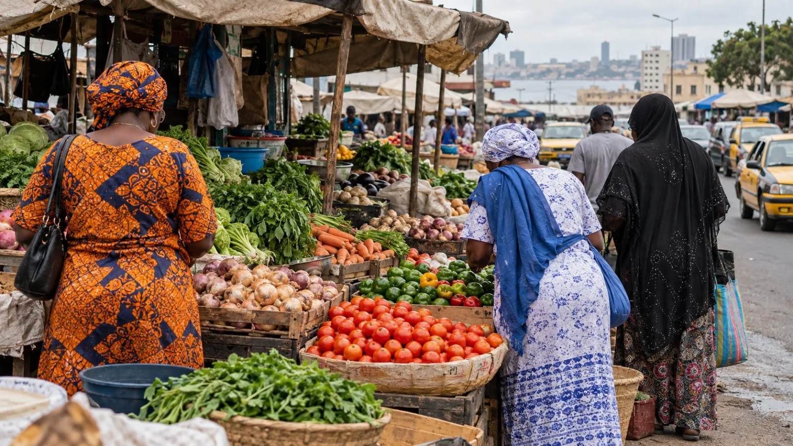 Shoppers examine vegetables at an open-air market in Dakar, Senegal. (AI-generated image / EconoTimes)