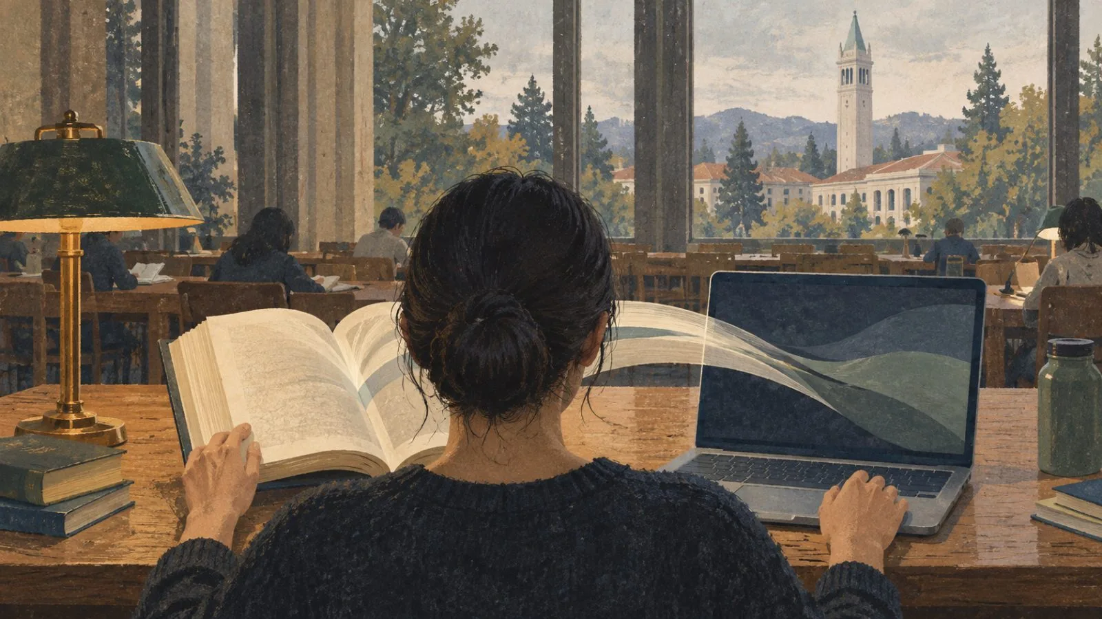 A reader compares an open book with a laptop in a university library in Berkeley, California (AI-generated image / EconoTimes)