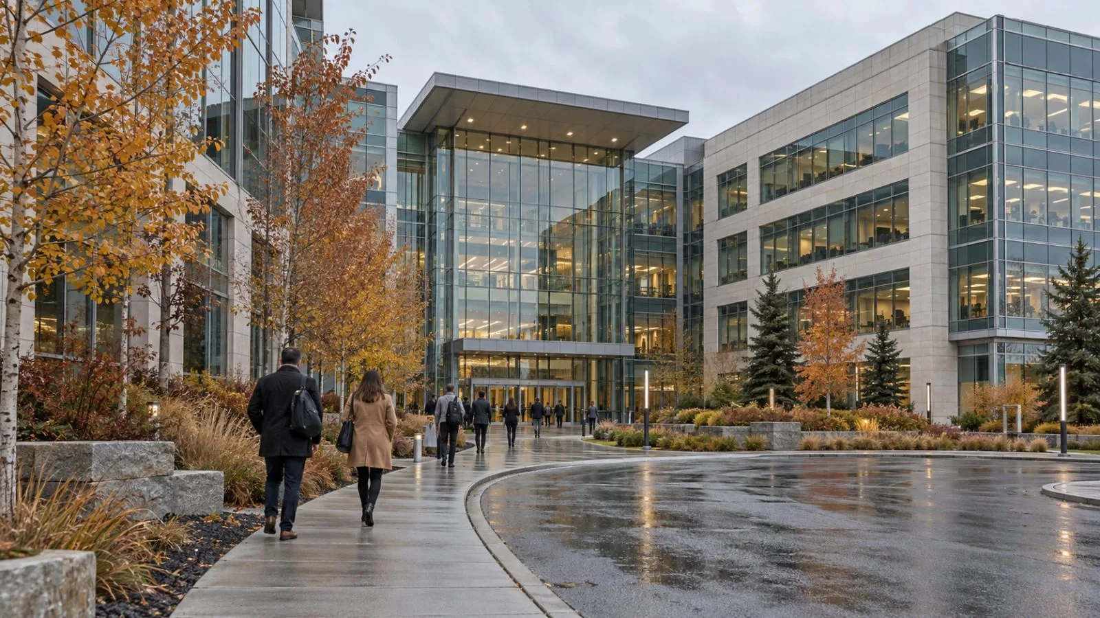 The Imperial Oil campus stands in Calgary’s Quarry Park district under an overcast sky. (AI-generated image / EconoTimes)