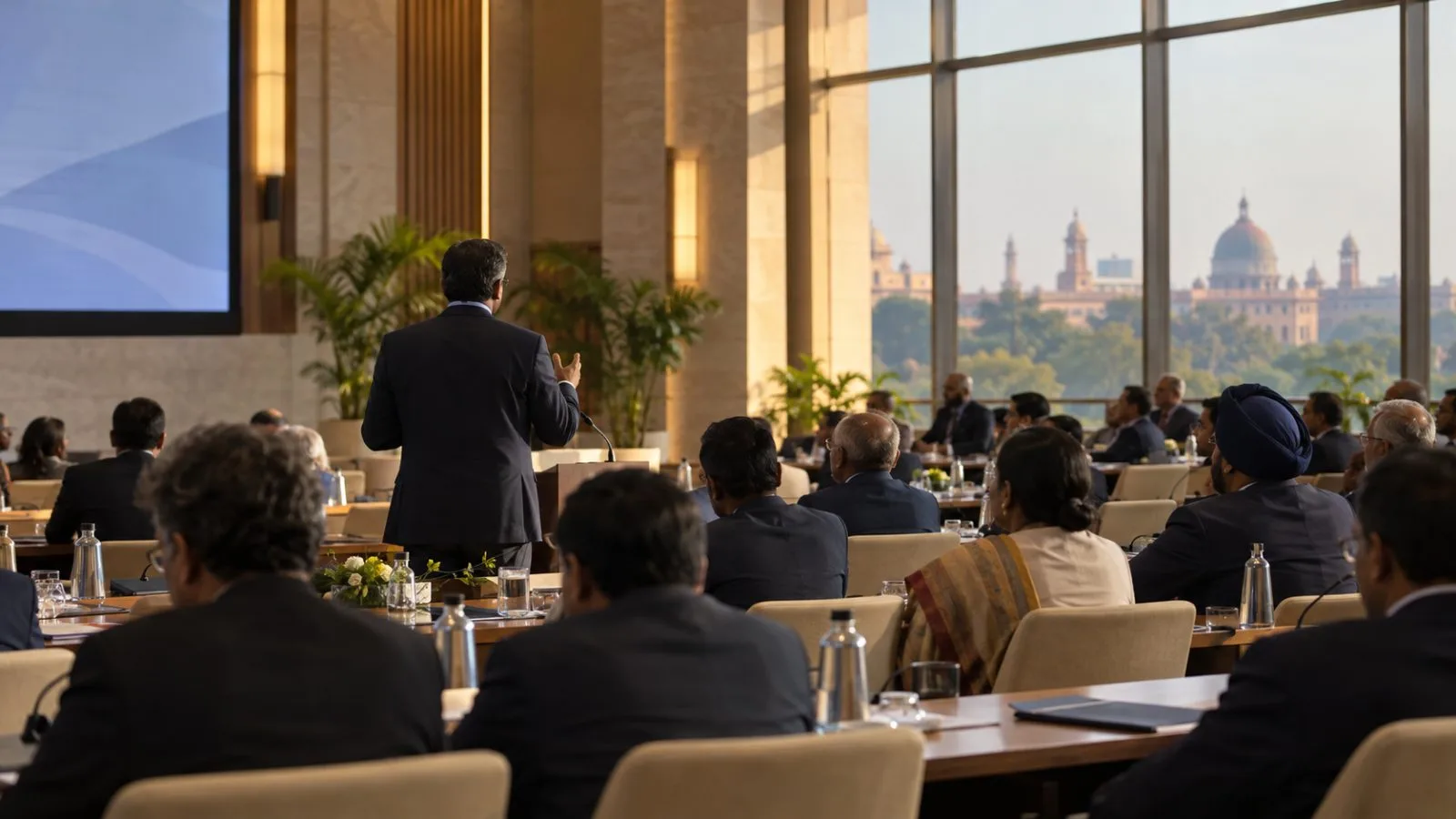Delegates listen during a trade policy session at a summit in New Delhi, India. (AI-generated image / EconoTimes)
