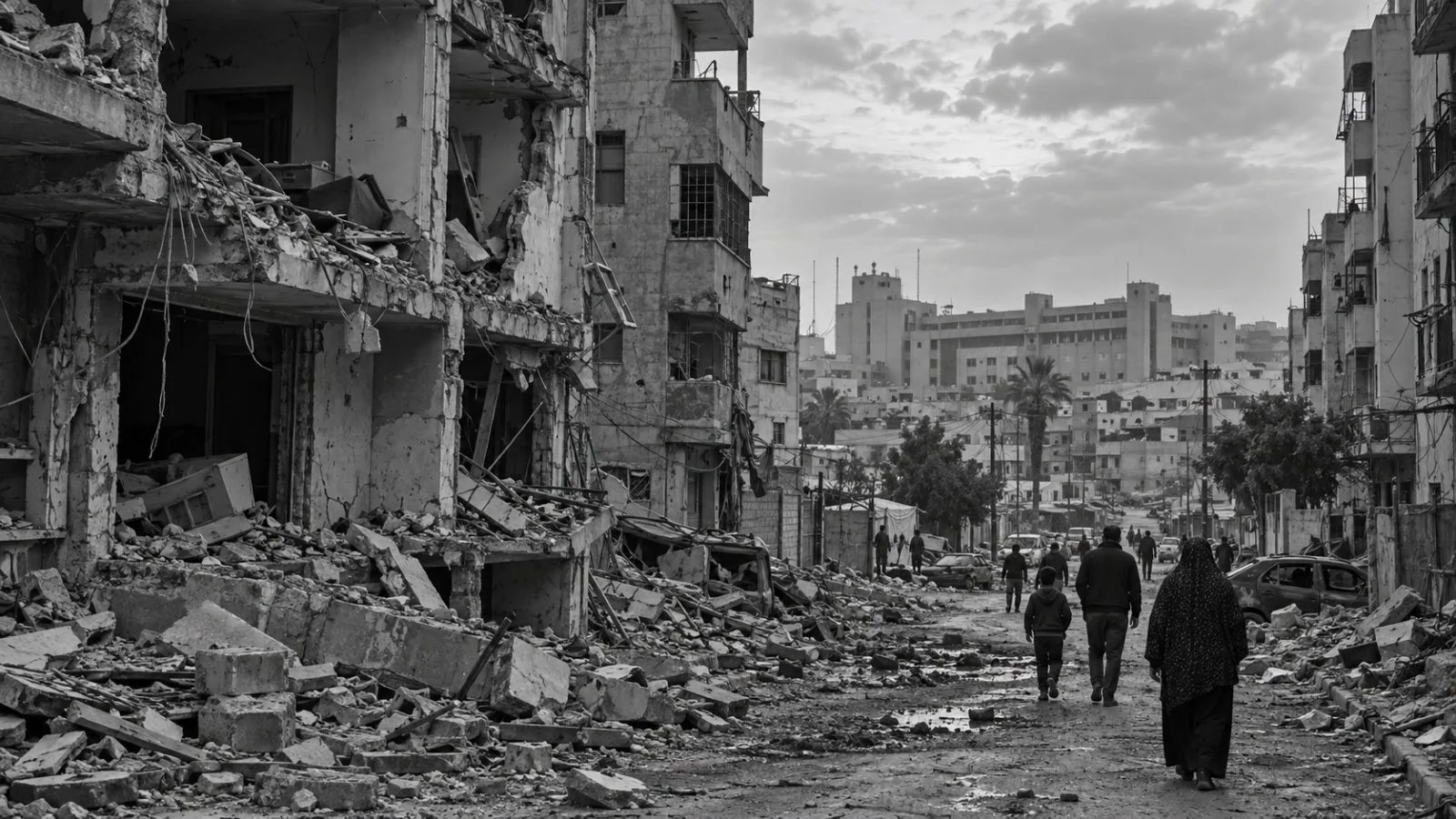 Residents walk past debris outside an apartment building near Al-Shifa in Gaza City. (AI-generated image / EconoTimes)