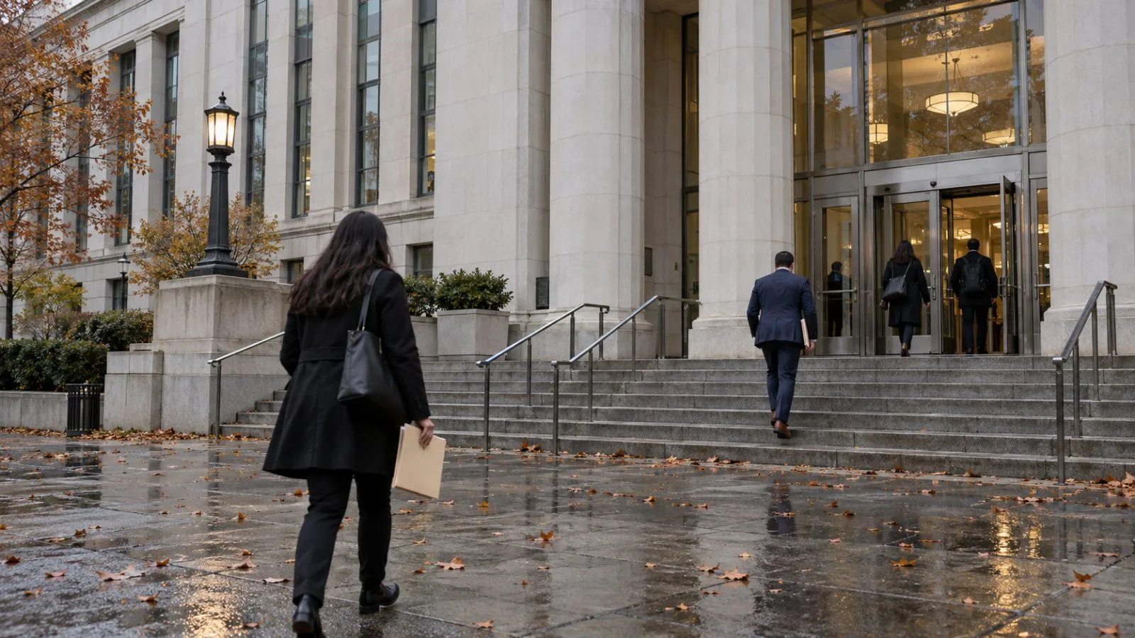 Visitors enter a federal immigration services office in Washington, D.C., on an overcast morning. (AI-generated image / EconoTimes)
