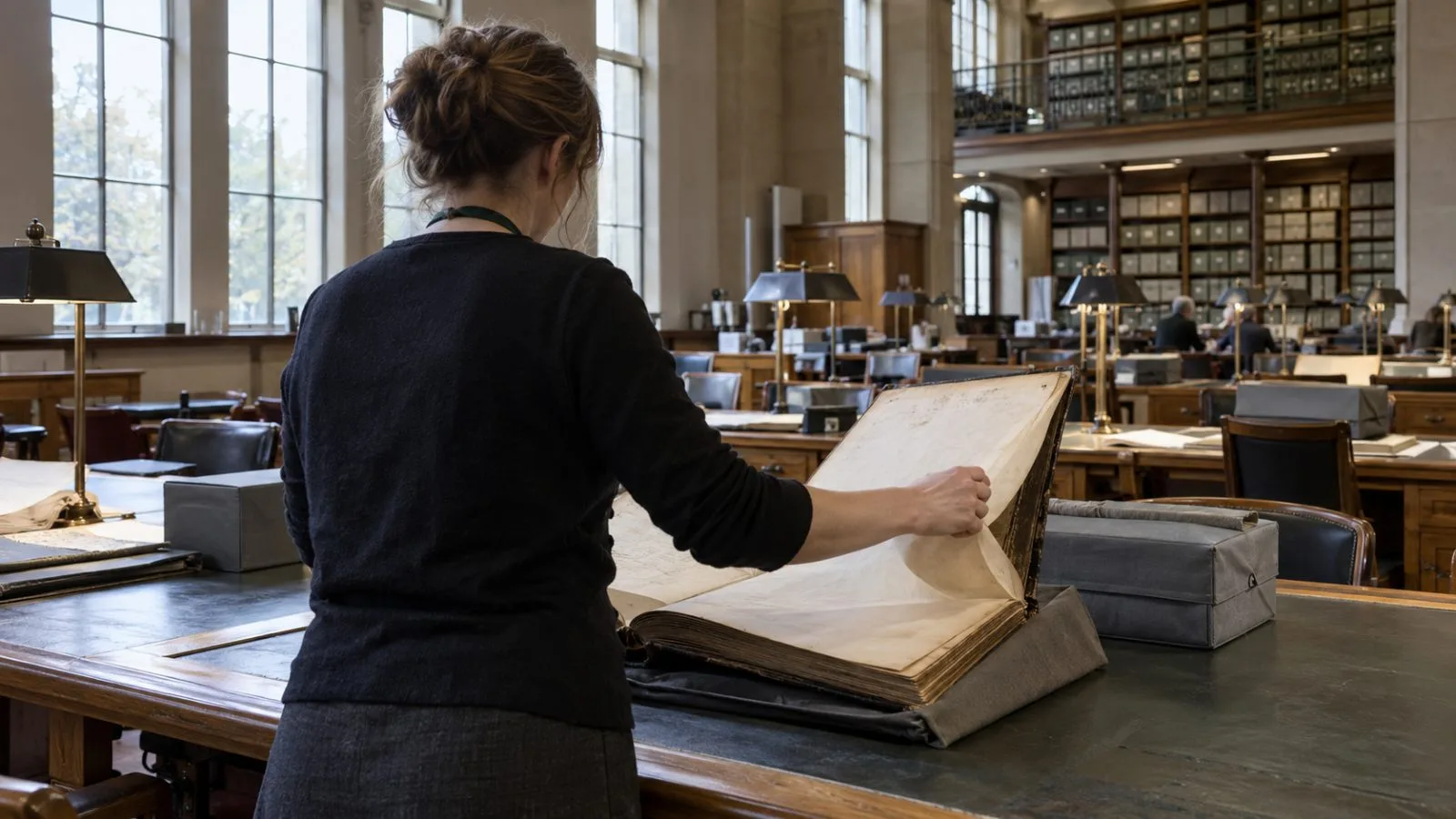 A staff member turns a bound parish register in the reading room at The National Archives in Kew, London (AI-generated image / EconoTimes)