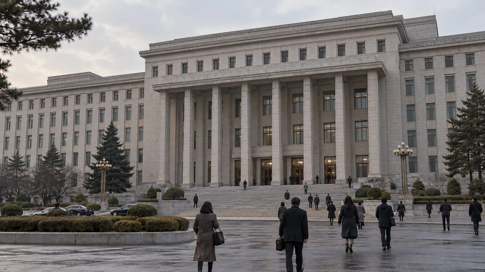 The Ministry of Foreign Affairs building stands beside a quiet street in Pyongyang. (AI-generated image / EconoTimes)