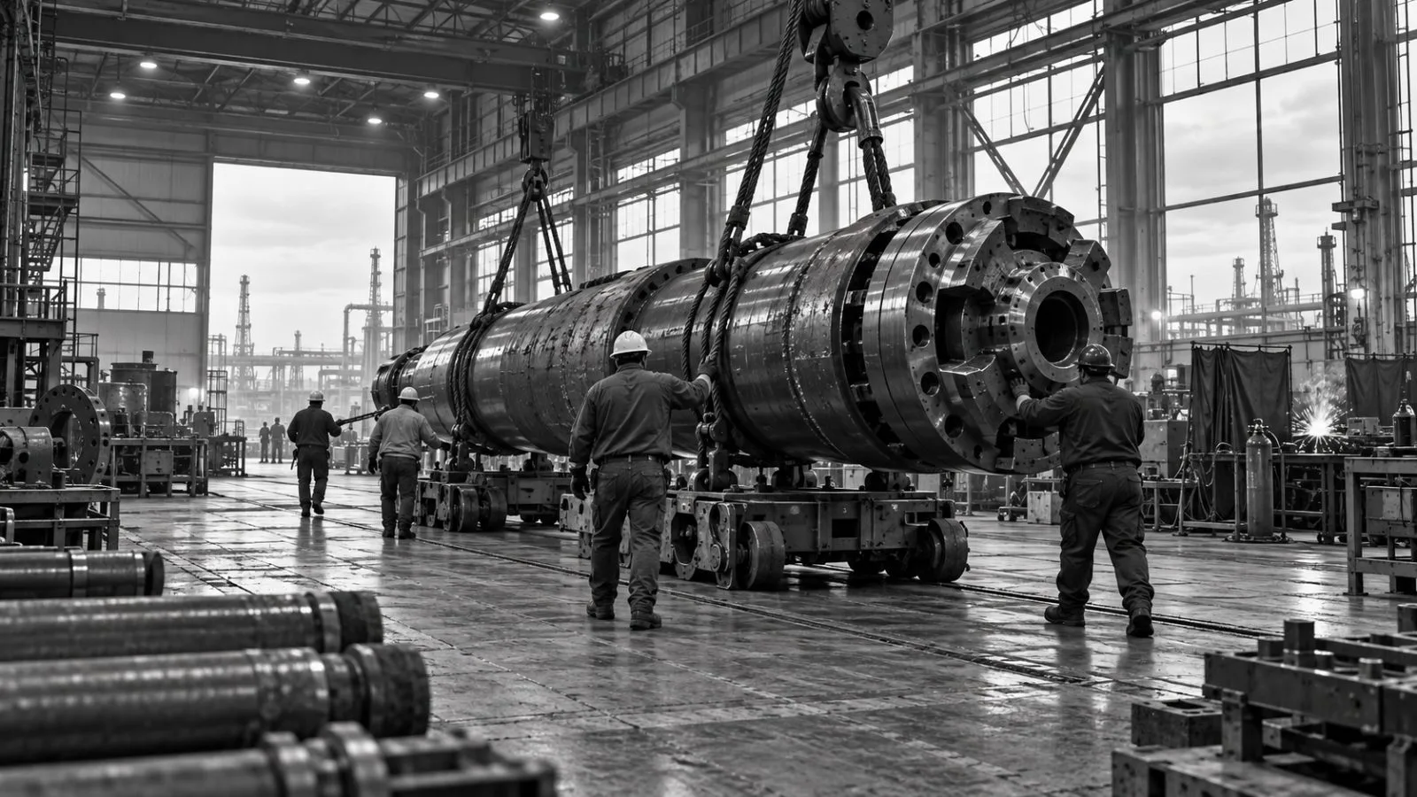 Workers guide a heavy steel drilling component through a manufacturing bay in Houston, Texas / EconoTimes.ai