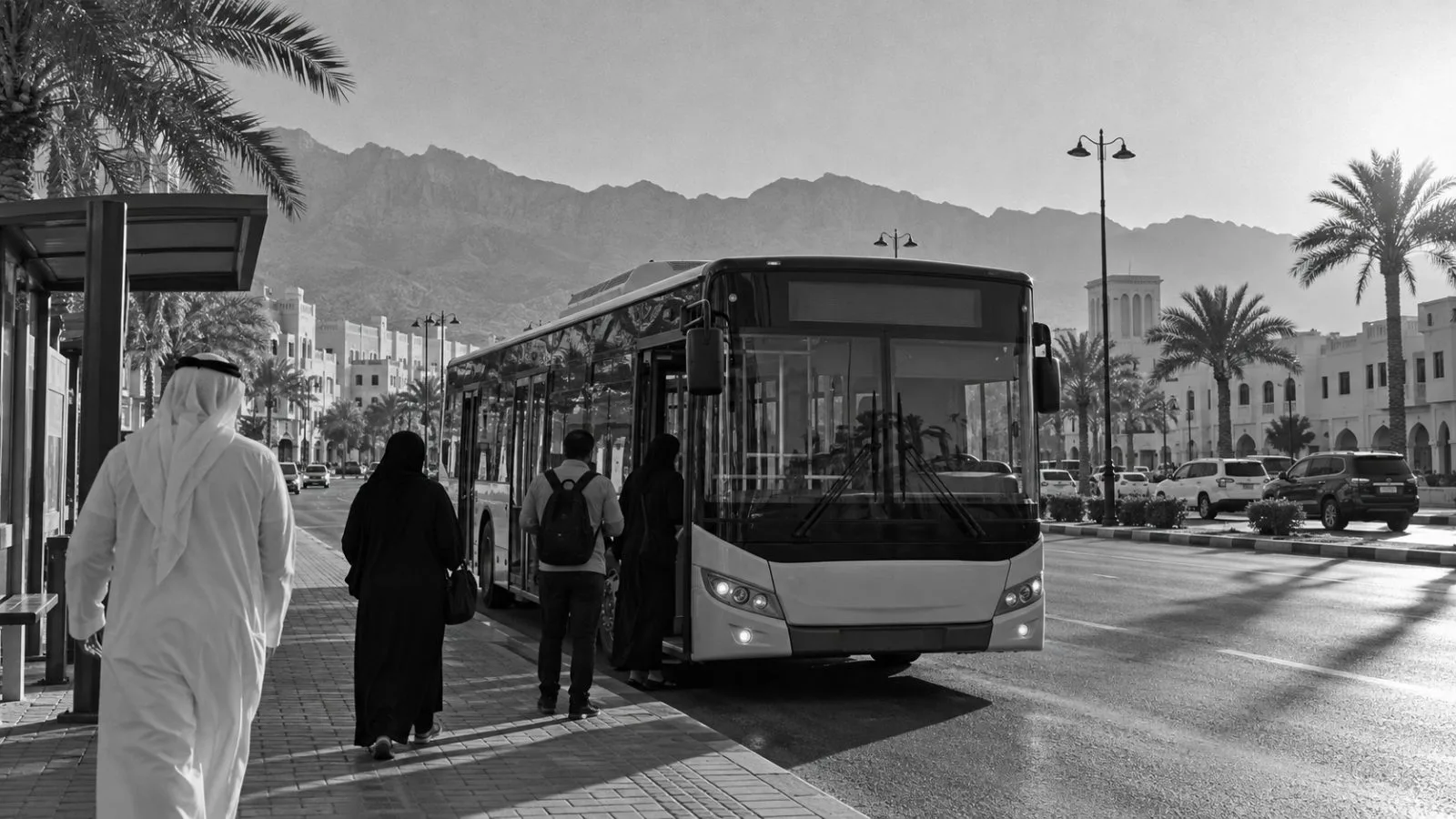 Passengers board a public bus on a street in Ras Al Khaimah, United Arab Emirates. (AI-generated image / EconoTimes)