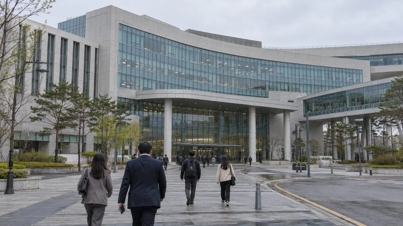 People walk toward the agriculture ministry at Sejong Government Complex on an overcast morning. (AI-generated image / EconoTimes)