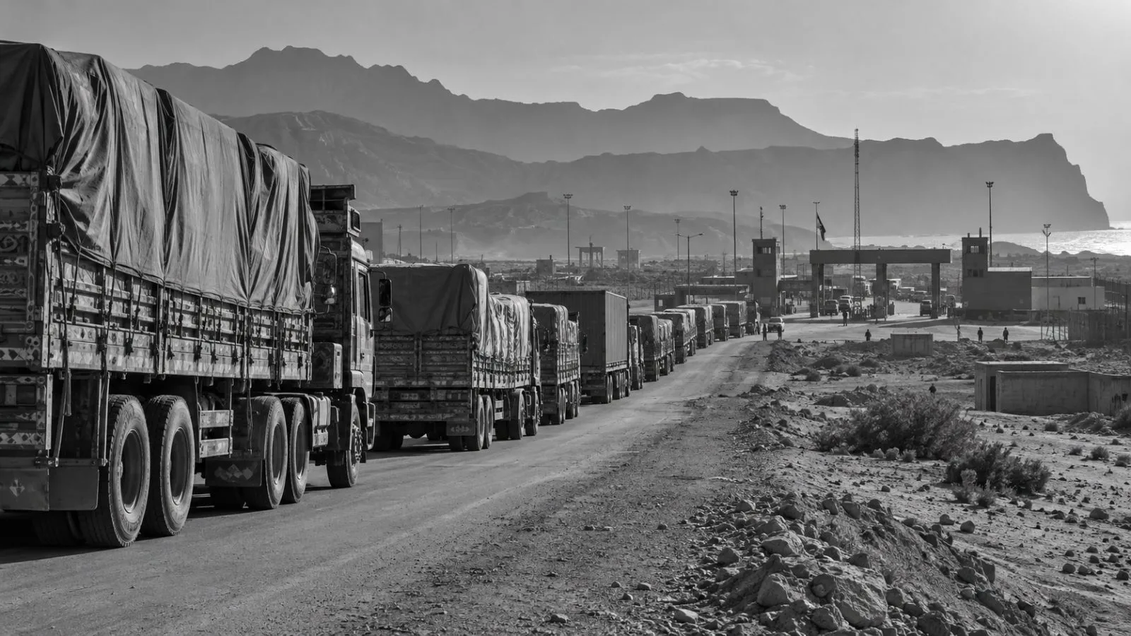 Freight trucks wait near the Gabd-Rimdan border crossing in Gwadar district, Pakistan. (AI-generated image / EconoTimes)
