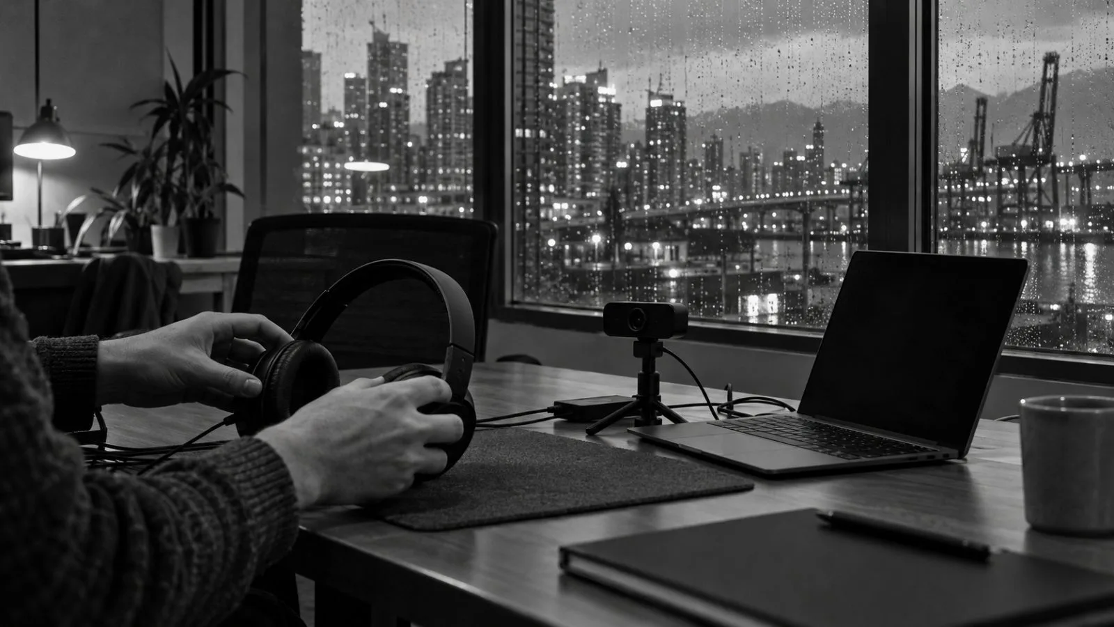 A headset and compact webcam sit beside a conference-room window in Vancouver, British Columbia. (AI-generated image / EconoTimes)