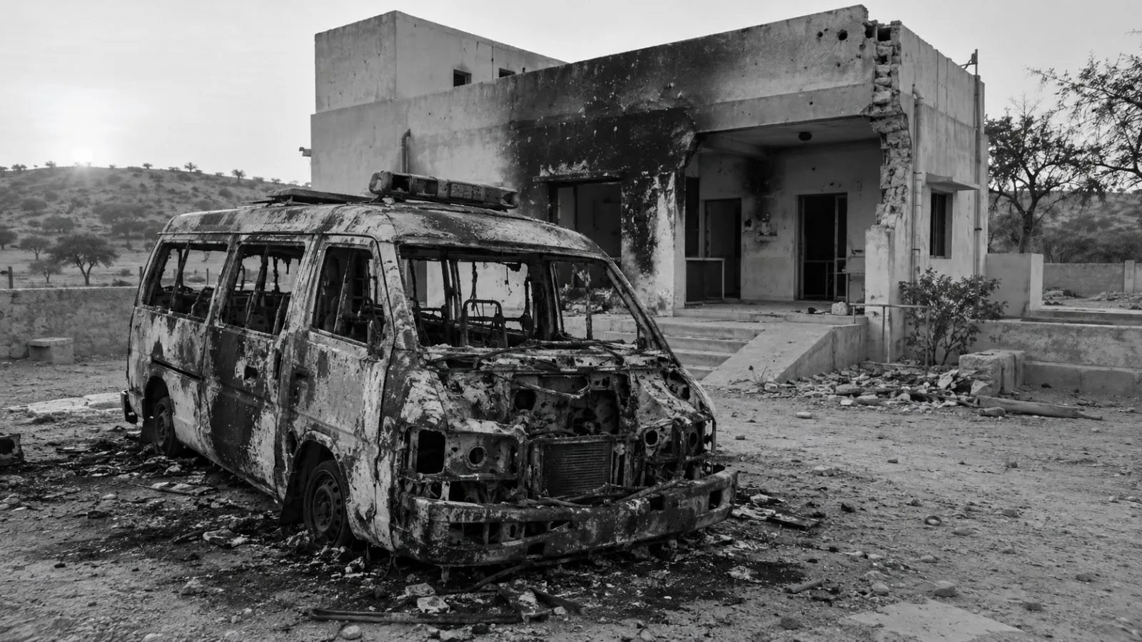 A damaged ambulance stands outside a rural health facility in Dano Dhandhal, Sindh, Pakistan (AI-generated image / EconoTimes)