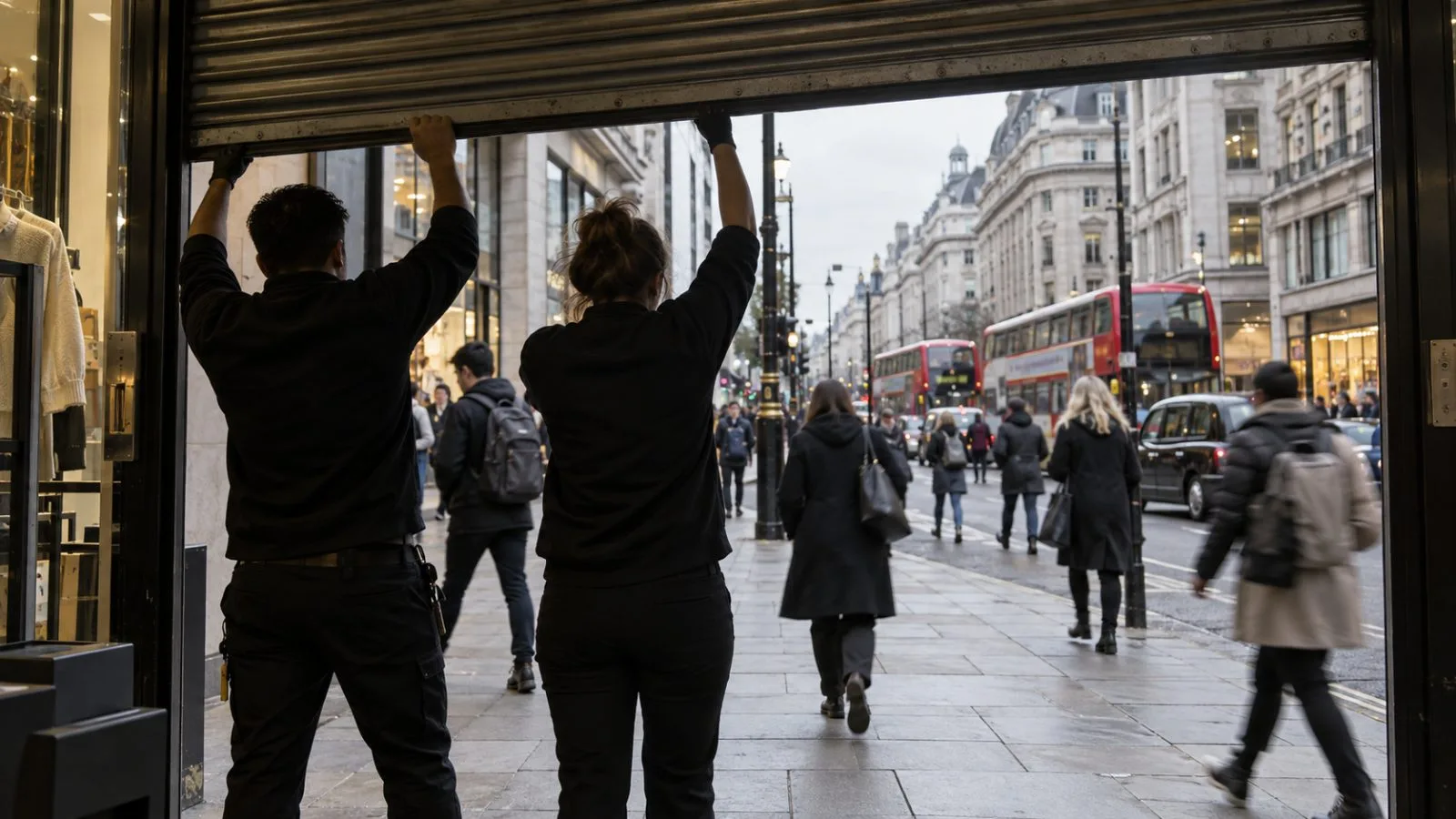 Shop workers open storefronts on Oxford Street in London on an overcast morning. (AI-generated image / EconoTimes)