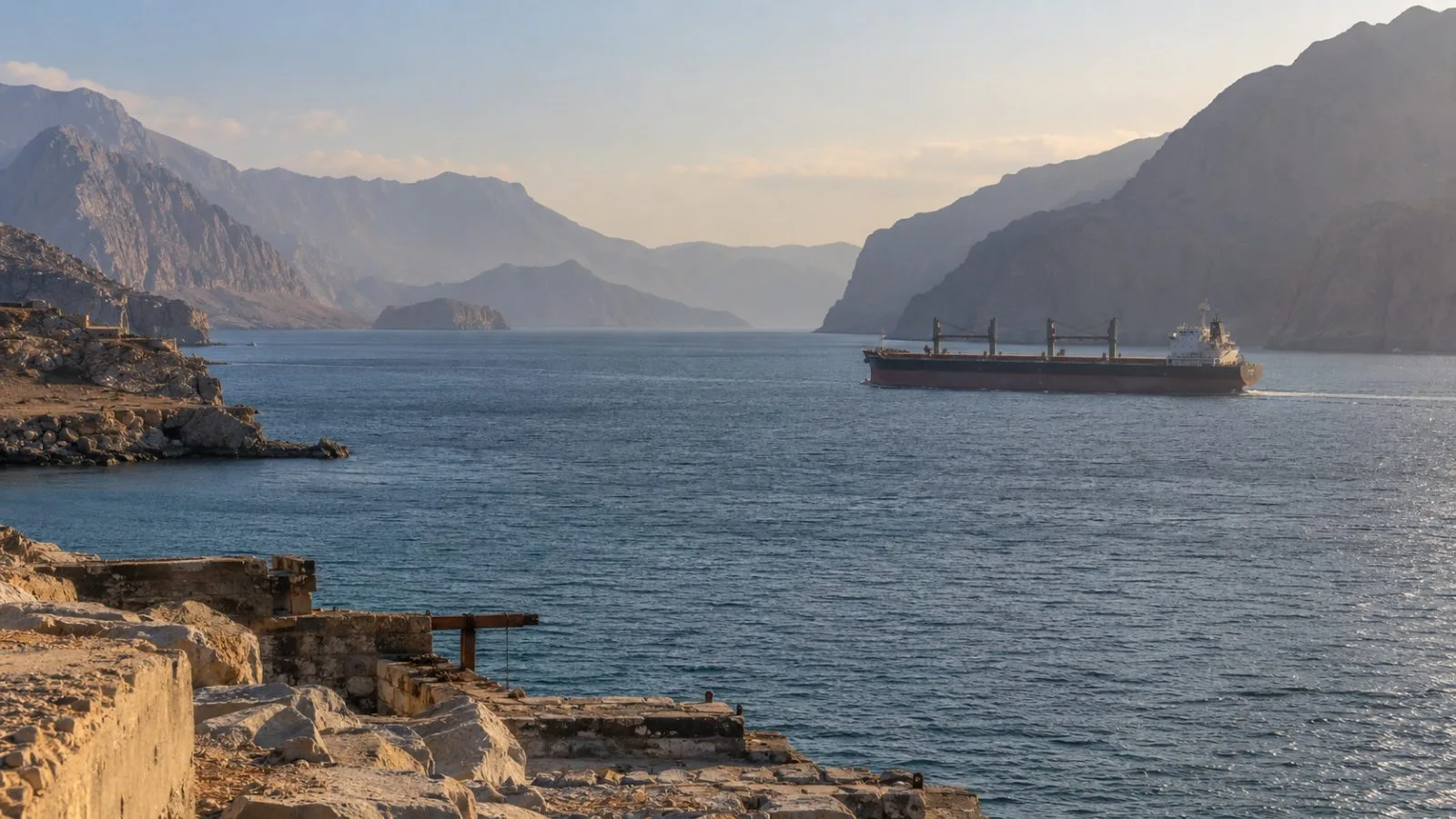 A commercial vessel passes near the Strait of Hormuz off Khasab, Oman. (AI-generated image / EconoTimes)
