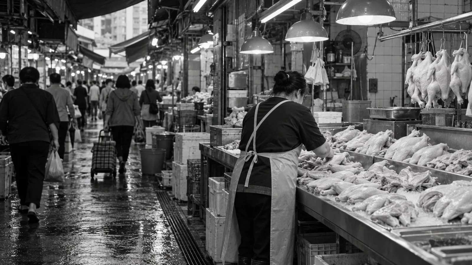 A vendor arranges fresh chicken at Bowrington Road Market in Wan Chai, Hong Kong (AI-generated image / EconoTimes)