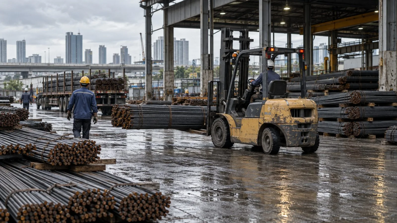 Bundles of reinforcing steel wait beside a loading bay at a Bangkok, Thailand, steel yard (AI-generated image / EconoTimes)