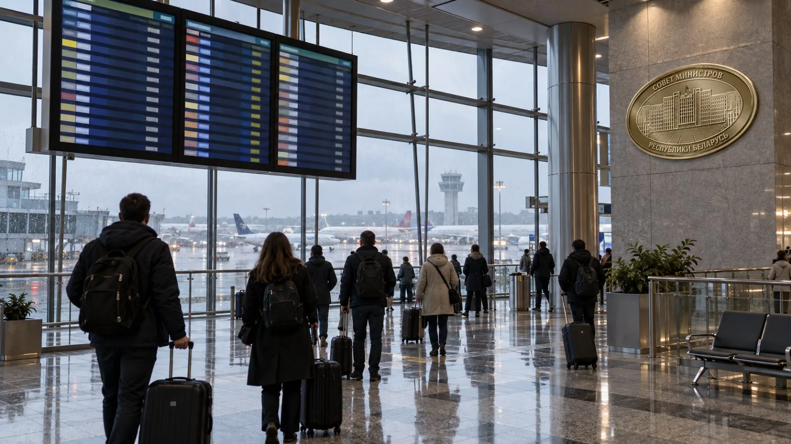 Travelers check a departures board inside Minsk National Airport in Minsk, Belarus. / EconoTimes.ai