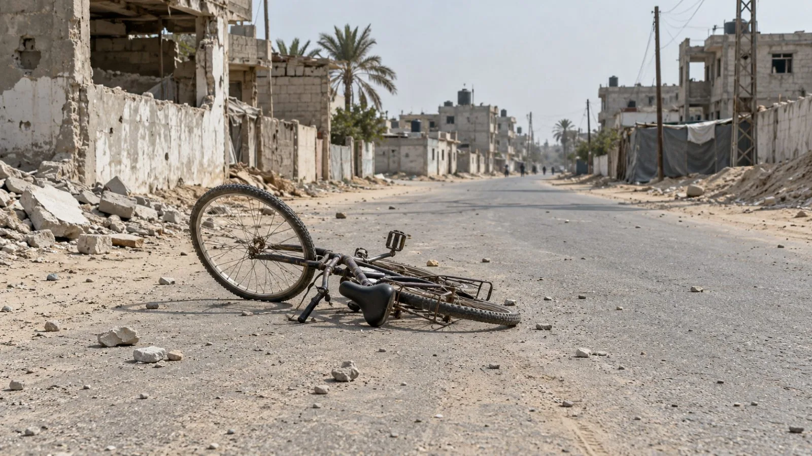 A bicycle lies amid scattered fragments on al-Qubba Street in al-Mawasi, west of Khan Younis. (AI-generated image / EconoTimes)