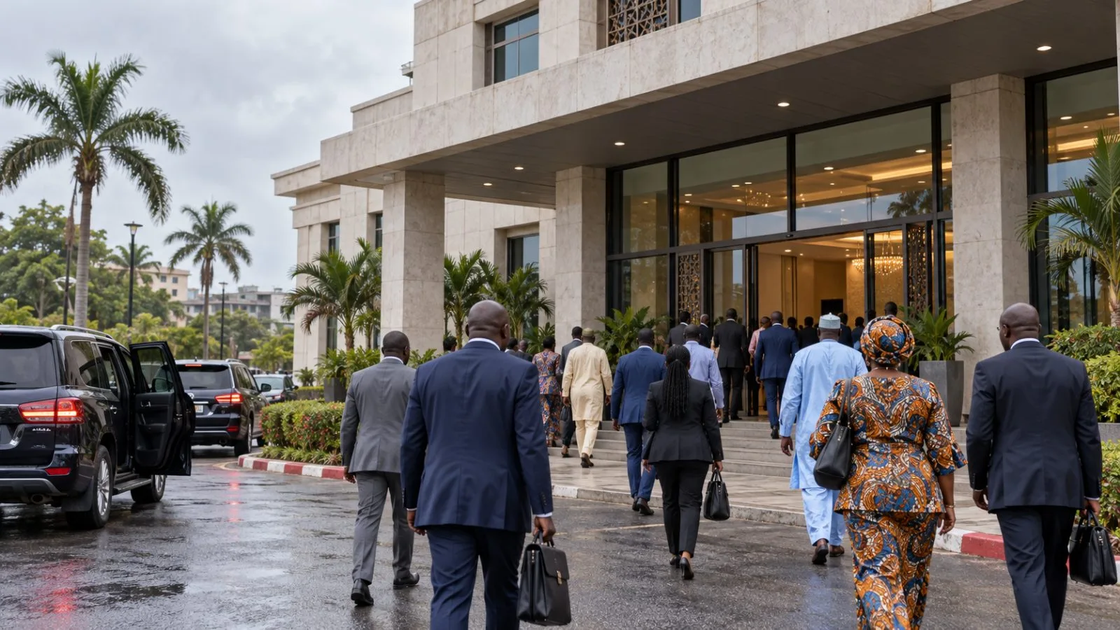 Attendees enter a trade forum venue in Conakry, Guinea, on an overcast morning. / EconoTimes.ai