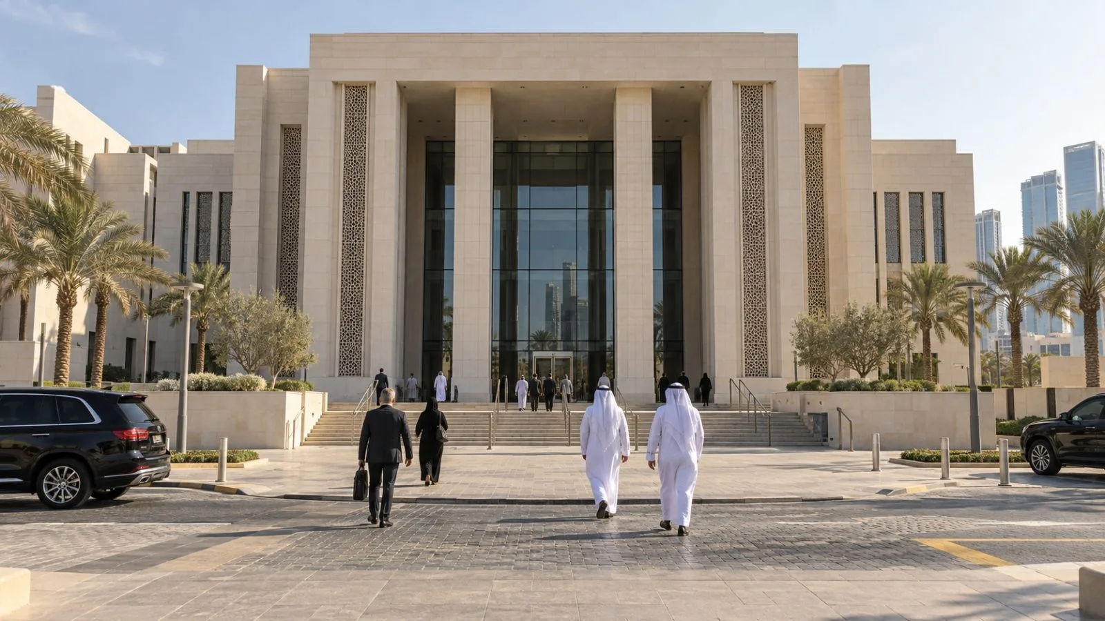 A military courthouse entrance stands in Abu Dhabi, United Arab Emirates, in the late afternoon sun. (AI-generated image / EconoTimes)