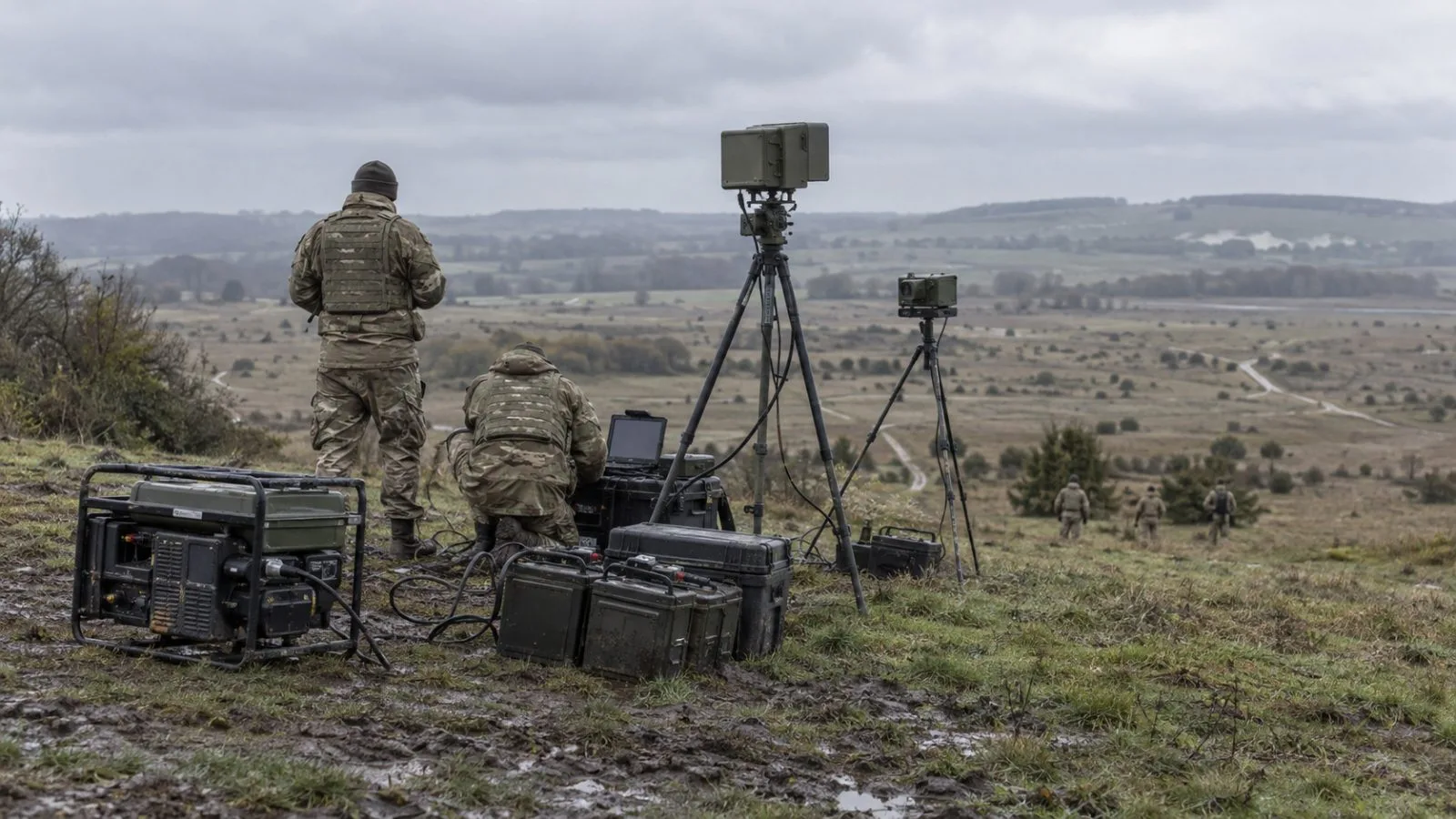 A portable field generator and battery packs sit beside equipment at a British Army training ground near Warminster. (AI-generated image / EconoTimes)