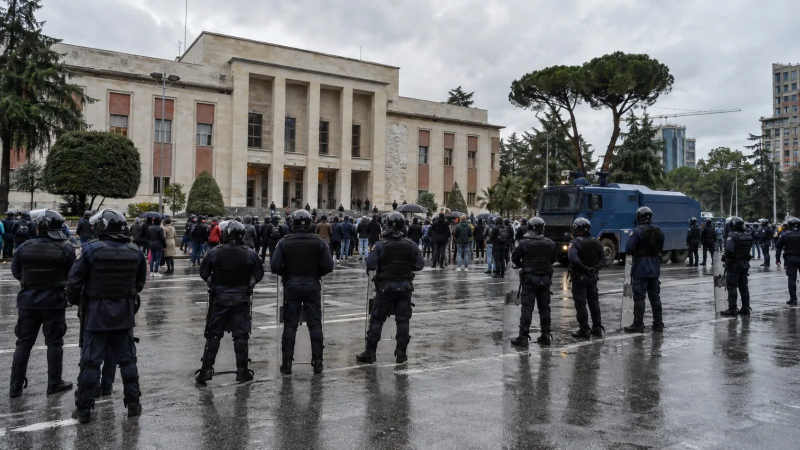 Police hold a line near Albania's Prime Minister's Office during protests in Tirana. (AI-generated image / EconoTimes)