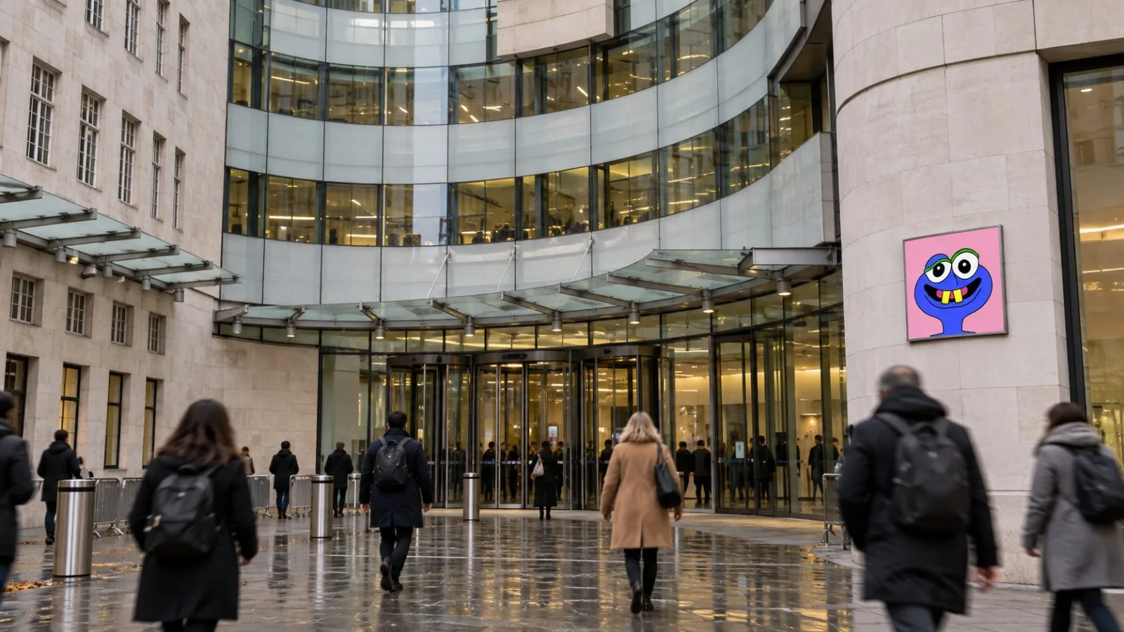 Pedestrians pass Broadcasting House in central London beneath an overcast sky. / EconoTimes.ai