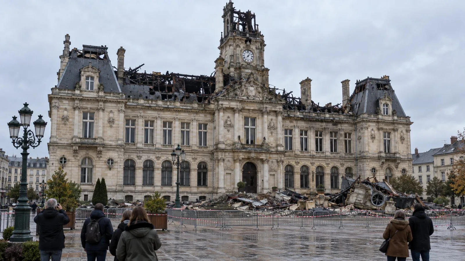 Safety barriers stand outside fire-damaged Limoges City Hall in France. (AI-generated image / EconoTimes)
