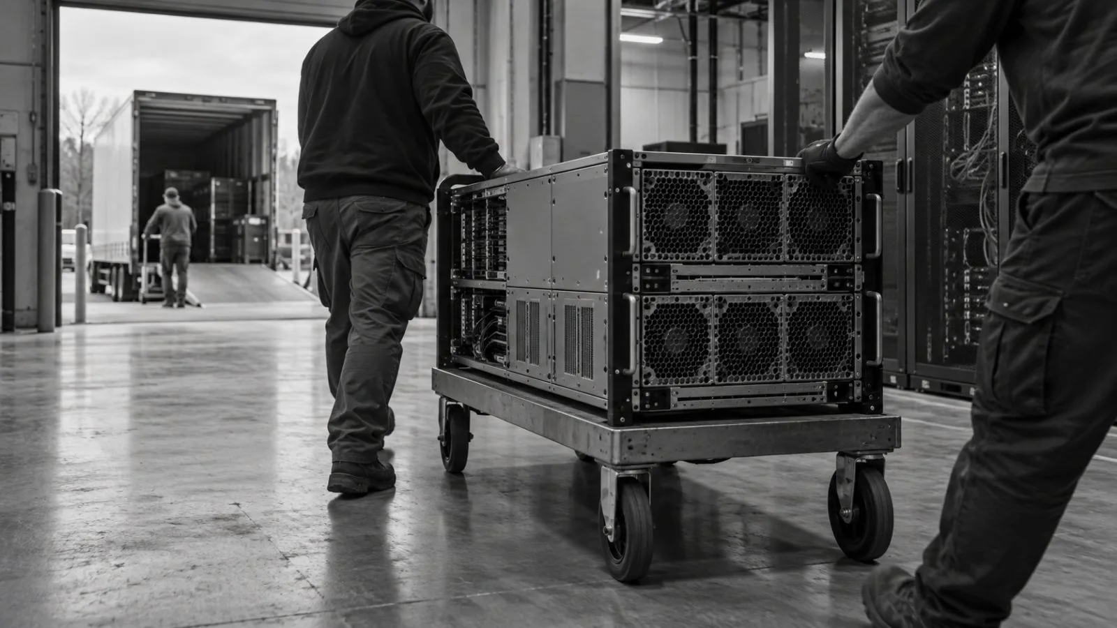 Workers guide a GPU server chassis into a colocation facility in Atlanta, Georgia. (AI-generated image / EconoTimes)