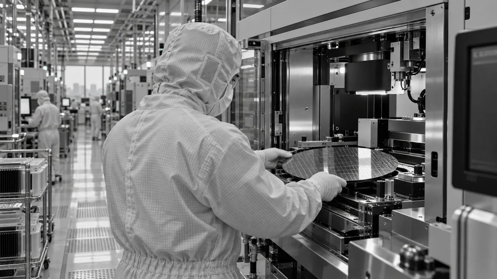 Cleanroom workers move wafer carriers through a fabrication corridor in Pyeongtaek, South Korea / EconoTimes.ai