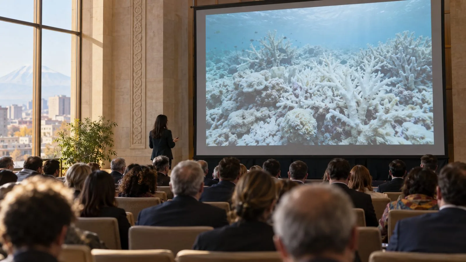 Delegates listen beneath a coral reef projection at the COP17 biodiversity summit in Yerevan, Armenia. (AI-generated image / EconoTimes)