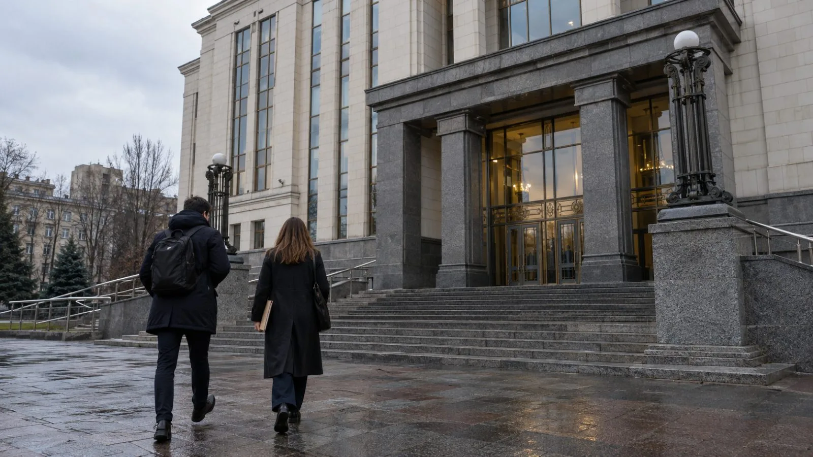 Journalists approach the Kyiv Court of Appeal in Kyiv, Ukraine, under an overcast afternoon sky. (AI-generated image / EconoTimes)