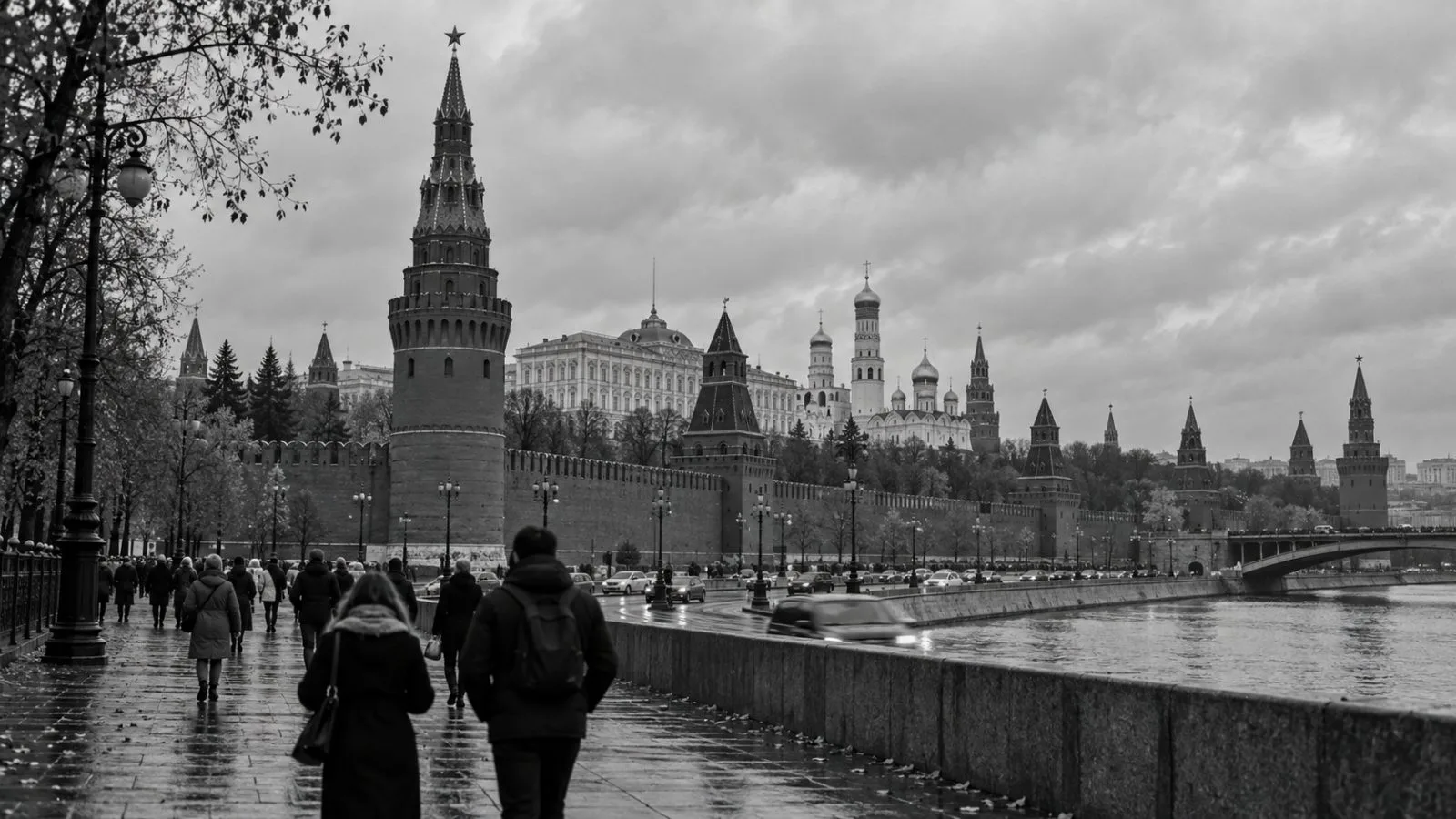 Pedestrians walk outside the Kremlin in Moscow on an overcast afternoon. (AI-generated image / EconoTimes)