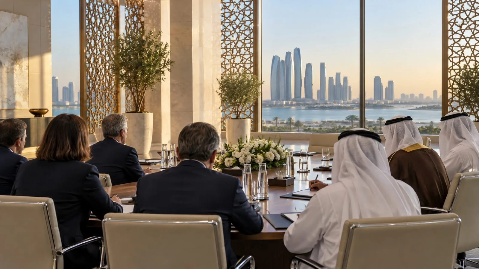 Officials sit across a conference table during talks in Abu Dhabi, UAE. (AI-generated image / EconoTimes)