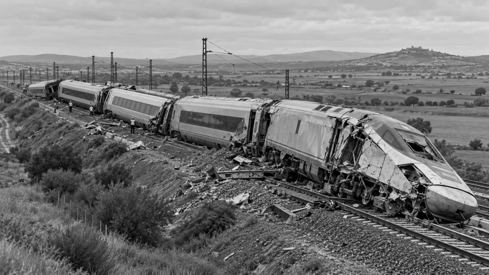 Damaged high-speed train carriages lie beside the tracks near Urda, Toledo province, Spain (AI-generated image / EconoTimes)