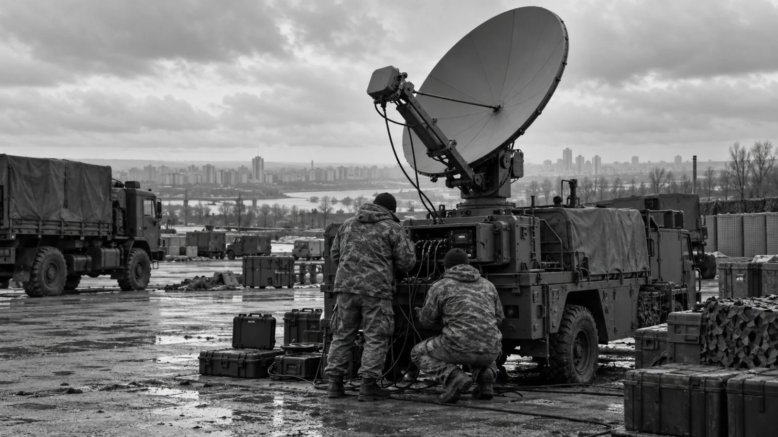 A satellite internet terminal sits on a vehicle at a communications site in Kyiv, Ukraine. / EconoTimes.ai (mono)