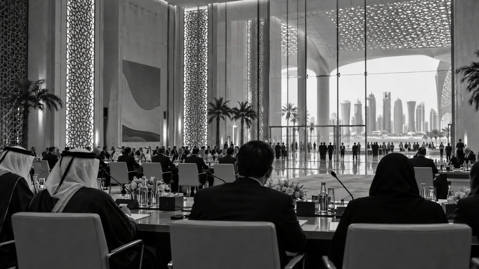 Attendees listen beside microphones at the Global Security Forum in Doha, Qatar. (AI-generated image / EconoTimes)