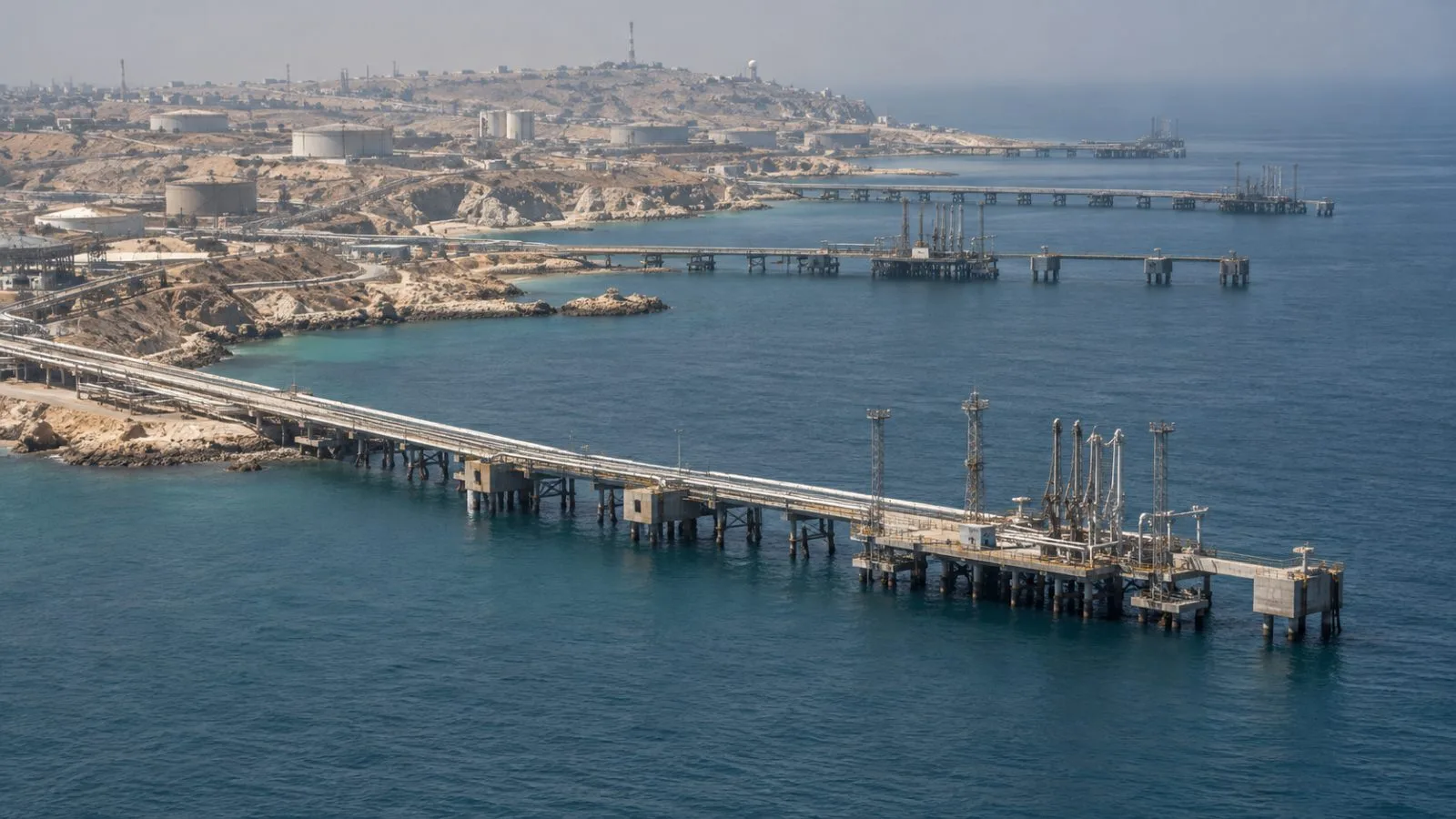 Oil-loading jetties extend into the Gulf at Kharg Island, Iran. (AI-generated image / EconoTimes)