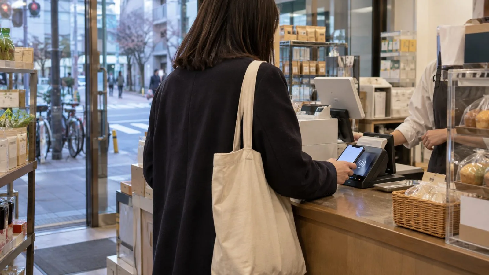 A customer holds a smartphone near a checkout terminal at a Tokyo shop. (AI-generated image / EconoTimes)