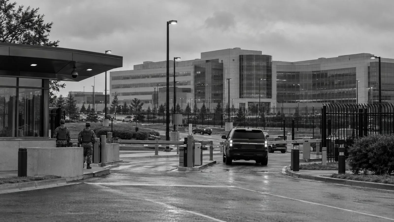 A secure campus entrance stands outside U.S. Cyber Command headquarters at Fort Meade, Maryland. (AI-generated image / EconoTimes)