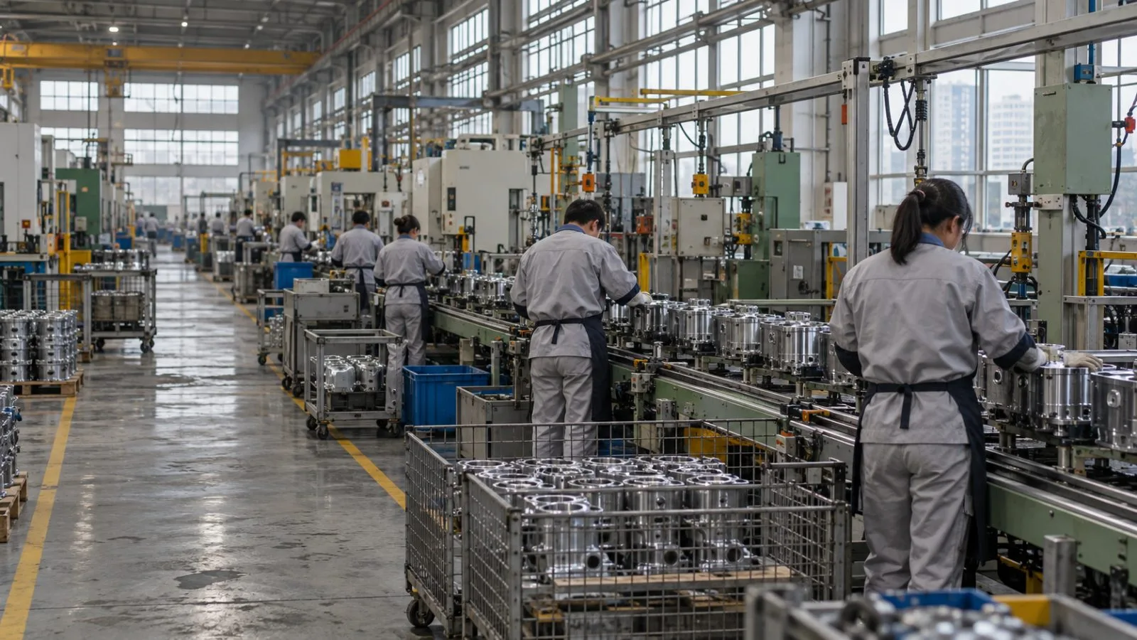 Workers tend a manufacturing line on a factory floor in Shanghai, China. (AI-generated image / EconoTimes)