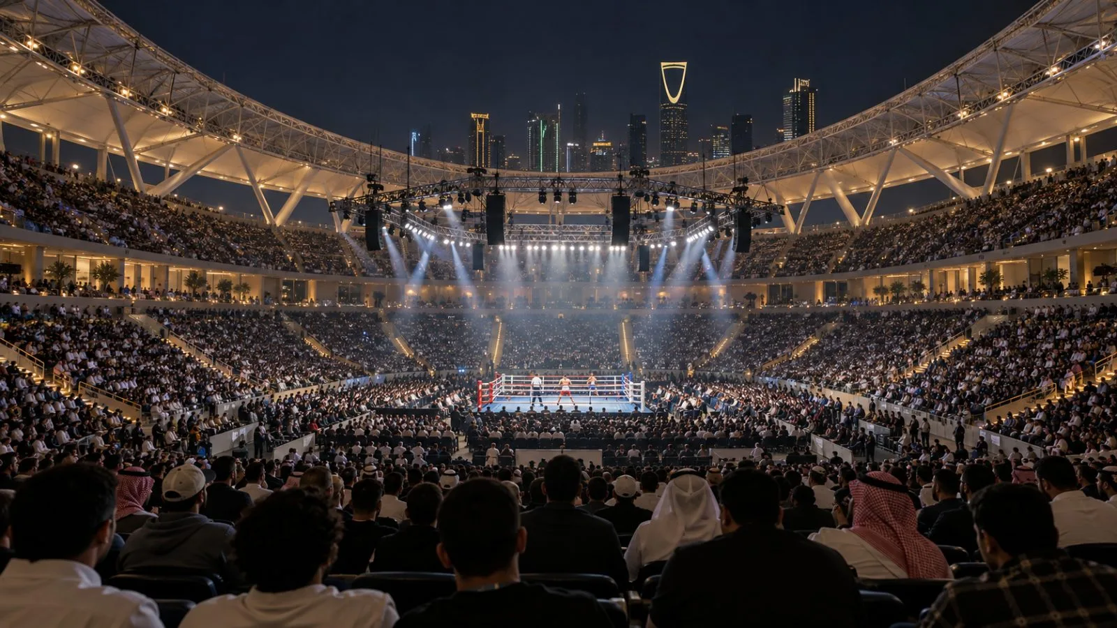 Spectators watch a boxing bout at an arena in Riyadh, Saudi Arabia. (AI-generated image / EconoTimes)