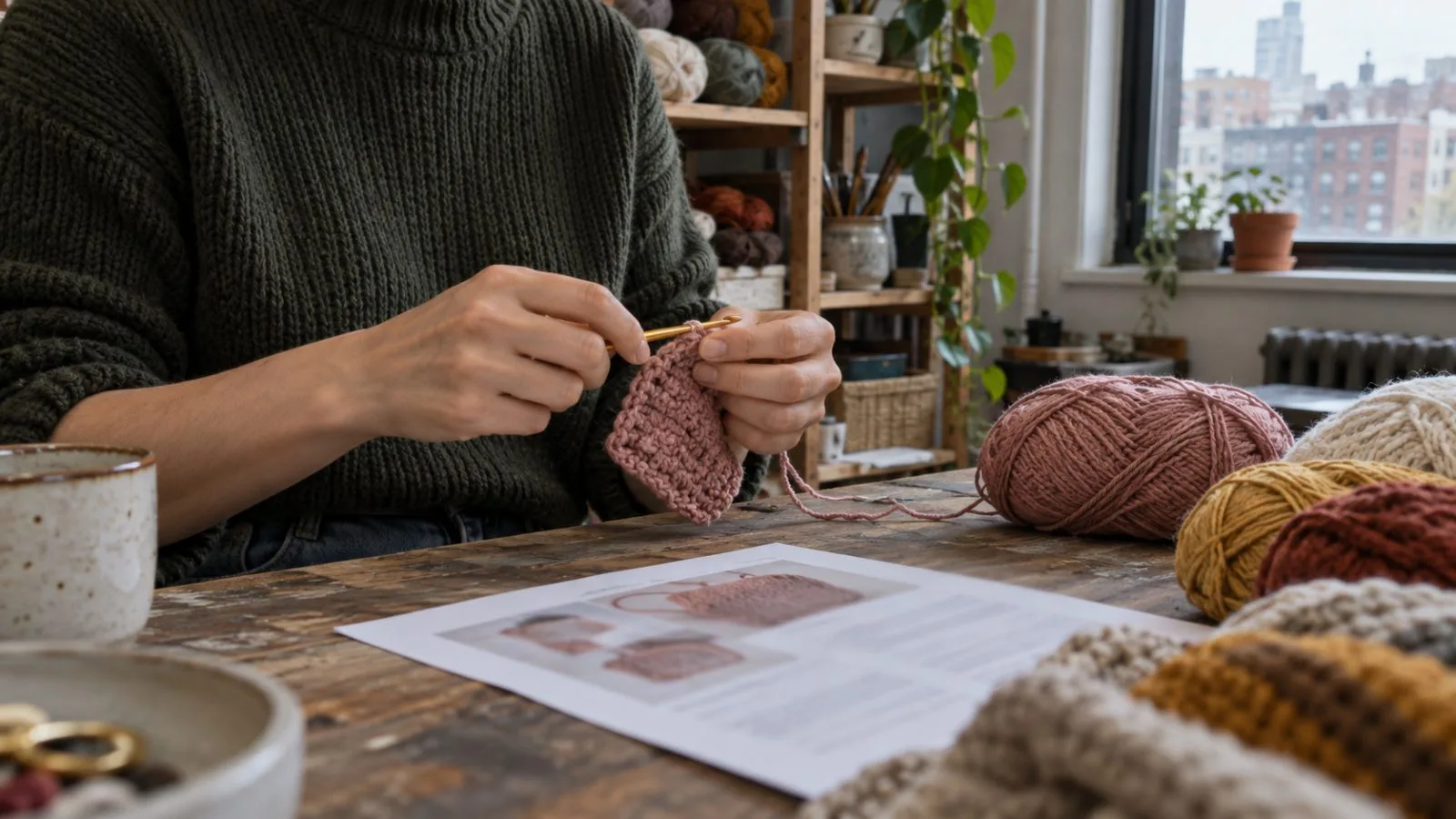 A maker crochets beside a printed pattern in a Brooklyn craft studio. (AI-generated image / EconoTimes)