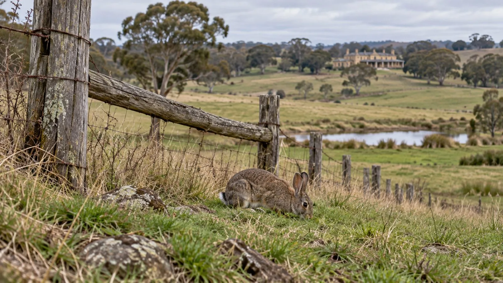 A feral rabbit feeds beside a pasture fence at Barwon Park near Winchelsea, Victoria (AI-generated image / EconoTimes)