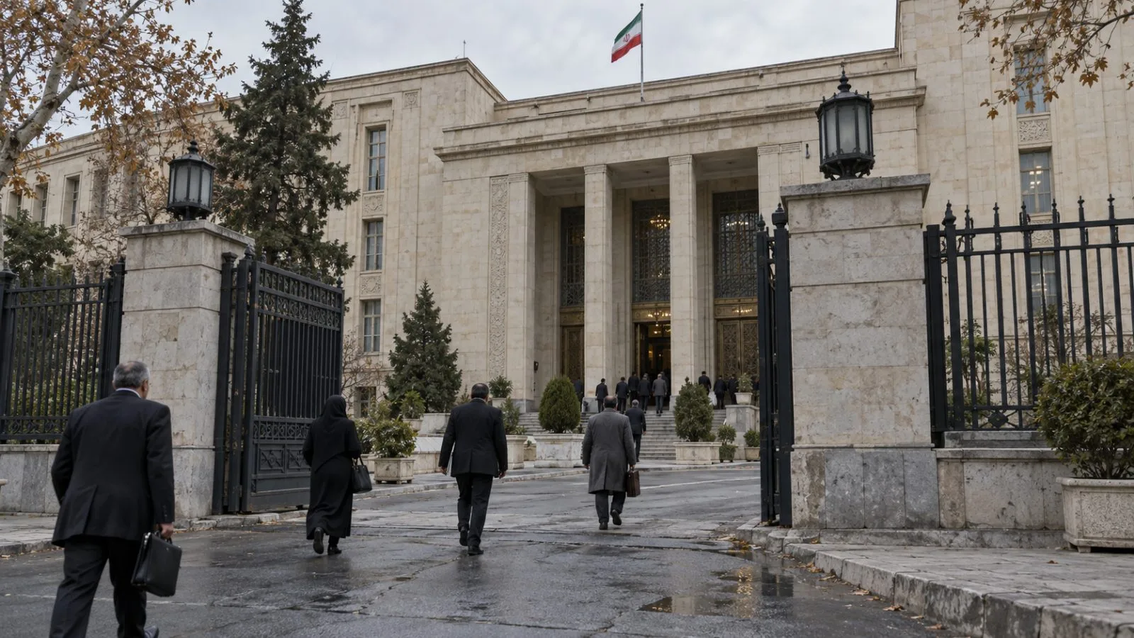 Visitors enter Iran’s Foreign Ministry in Tehran under an overcast sky. (AI-generated image / EconoTimes)