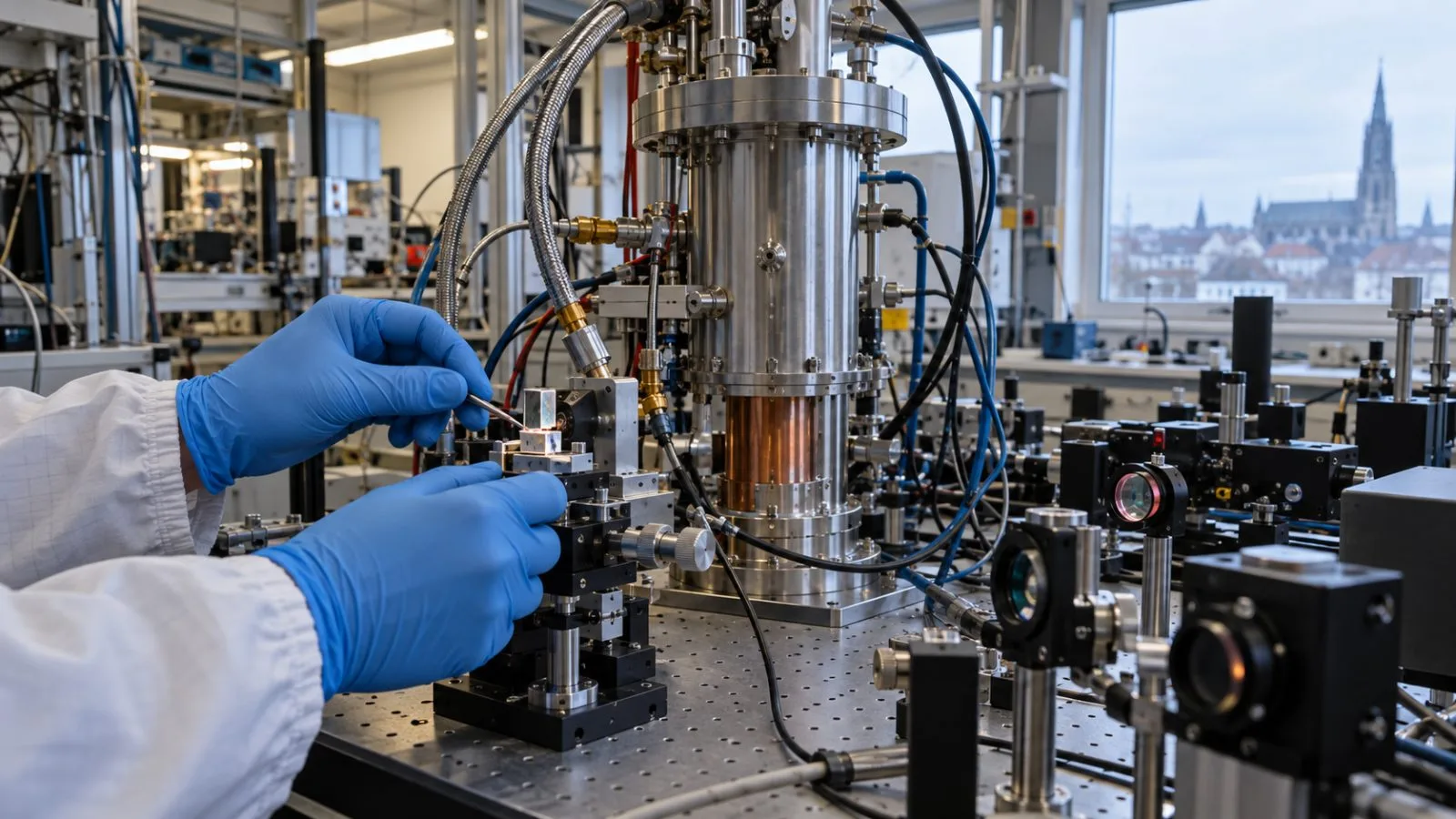 A cryostat stands beside an optical bench in a quantum research laboratory in Ulm, Germany. (AI-generated image / EconoTimes)